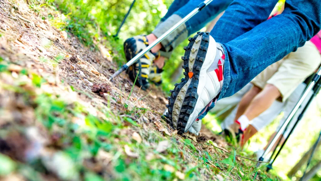 Mehrere Walker, die Nordic Walking Schuhe auf einem Wiesenweg tragen